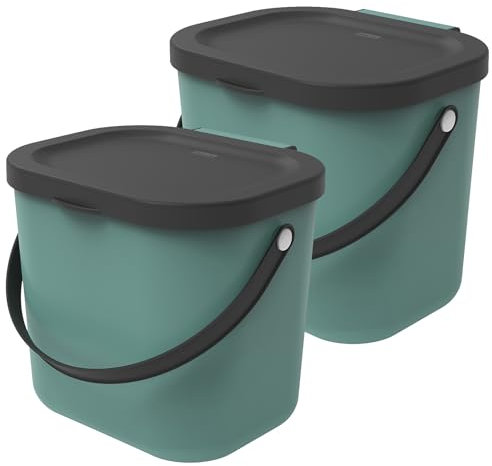 Rotho Albula 2er-Set Biomülleimer 6l mit Deckel und Henkel für die Küche, Kunststoff (PP) BPA-frei, (Grün)