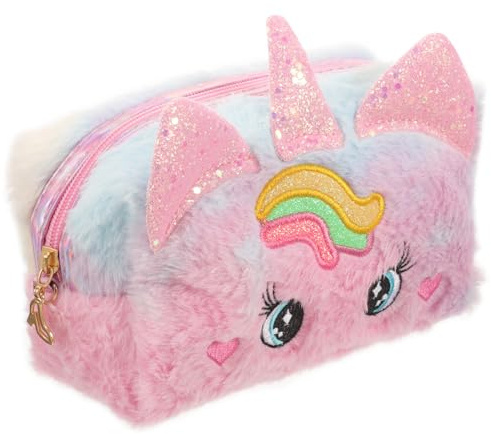 LALADEFIEE Kosmetiktasche Einhorn Plüsch Kulturbeutel Für Mädchen Teenager Reise Organizer Mit Geräumigem Innenraum Für Make-up Und Toilettenartikel