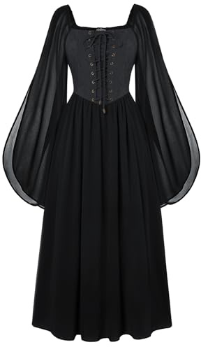 Scarlet Darkness - Robe à corset renaissance pour femme - Robe vintage à fente avec manches à bretelles rockabilly longue, Noir , XXL