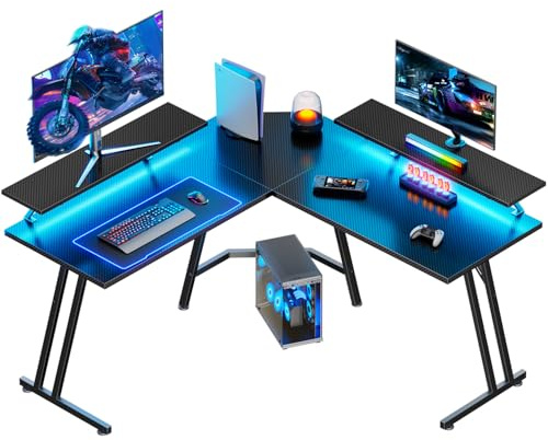 HLONONE Gaming Tisch L Form mit LED, Gaming Schreibtisch L-förmiger, Eckschreibtisch mit Monitorständer, Computertisch für Büro Arbeitszimmer Schlafzimmer, Gamer Tisch 130 x 130 cm, Schwarz