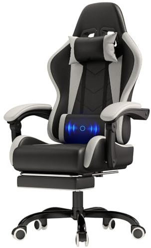JUMMICO Sedia da gaming da ufficio, ergonomica, con cuscino lombare massaggiante, schienale regolabile 90-135°, e poggiapiedi, capacità di carico 150 kg, colore: bianco