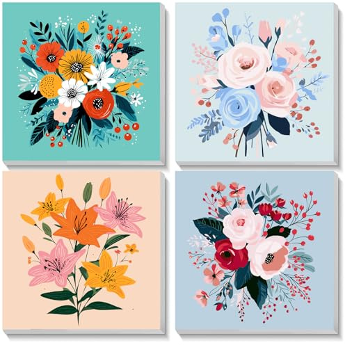 NEWENMO 4 Piezas Flores Pintar por Numeros,Bonitas Flores Pintura por Numeros con Marco,DIY Paint by Numbers con Pinceles y Pigmento Acrílico,para Decoracion Hogar 20x20cm