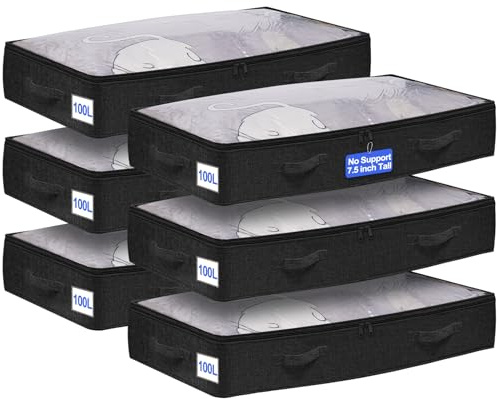 HMJGDZG 100-Liter-Jumbo-Aufbewahrungsbehälter unter dem Bett (ohne ütze) 6er-Pack Faltbare Behälter, Zoll hohe Unterbett-Kleideraufbewahrung für Decken, Bettdecken, Pullover und Bettwäsche – weiche