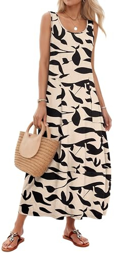 MOLERANI Maxi Dress for Women UK Sleeveless Summer Dresses for Women Scoop Neck Ladies Dress with Pockets Apricot Black Leaf S