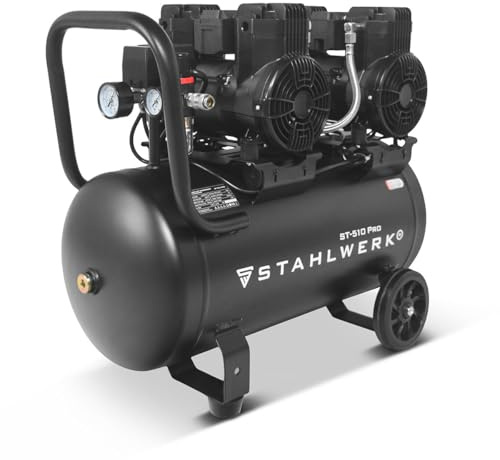STAHLWERK Compressore con serbatoio da 50 L (ST-510 Pro) – senza olio & silenzioso, 10 bar, compressore d'aria con motori brushless, 3,94 CV, 2,9 kW, 500 l/min, compressore a pistoni silenzioso