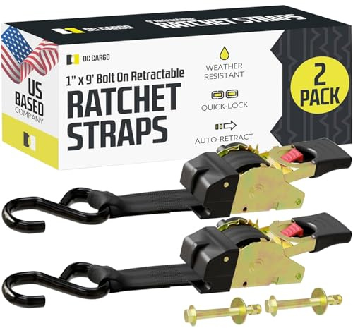 DC Cargo Mall Bolt-on Auto Retractable Ratchet Straps (2-Pack) 1” x 9ft, Heavy Duty, 1,200lb Break Strength – Tie Down Straps for Boat, Jet Ski, RZR, ATV