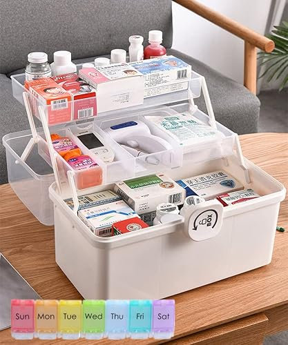 NCRGB Medikamenten Organizer,3-stöckige Apothekerschrank Hausapotheke Medizinbox,Aufbewahrungsboxen mit Deckel Groß Box Abschließbar,Koffer Organizer Für Schlafzimmer,Büro,Außenbereich