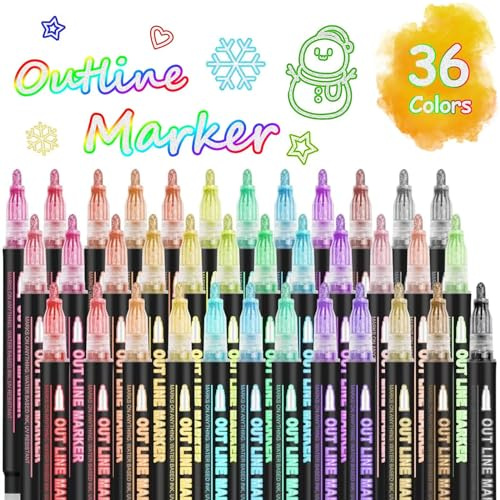 Double Line Super Squiggles Glitter & Metallic Markers, 36 Colors - Self Outline Pens for Doodle Art, Greeting Cards & Crafts