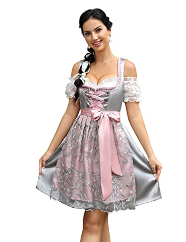 KOJOOIN Conjunto de Dirndl para Mujer Vestido de ocasión Especial, Gris (3 Piezas), 40