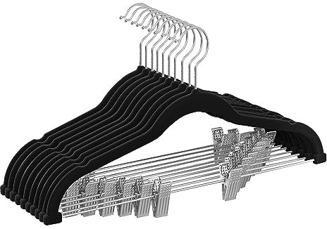 SONGMICS Kleiderbügel Samt, 10er Set, Rockbügel, 42,5 cm breit, mit verstellbaren Clips, rutschfest, platzsparend, für Hosen, Mäntel, Kleider, schwarz CRF012B10