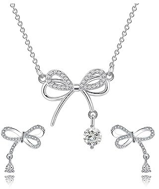 ankbrats Schmuckset Silber 925 Damen, Schleife Anhänger Kette und Ohrringe Set mit Zirkonia, Hochzeitstag Geschenke für Frauen und Mädchen