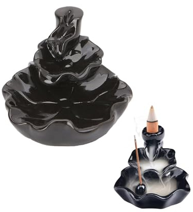 Avilia Set Portaincenso Cascata con Incenso e Pinze - Porta Incenso Ceramica Nero, Design Elegante per Decorazione Casa e Studio, Include Incensi a Cono e Pinze per Gestione Sicura, 9.5x10cm
