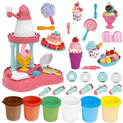 OTONOPI Dough Play Set Kitchen Creations Color Dough Ice Cream Maker Machine Modeling Dough Art and Crafts Food Pretend Play Toys for Kids with Dough and Mold Pack of 29pcs