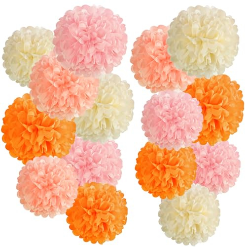SUNBEAUTY 15 Pcs Tissue Paper Pom Poms Orange Pink Party Decorations Hanging Orange Tissue Paper flowers for Wedding Birthday Baby Shower Prom Garden Boho Party Home Backdrop