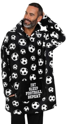 ThePyjamaFactory Hombres Sudadera de Lujo de Forro Polar Completamente Forrada en Negro y Blanco, Estilo Eat Sleep Football, Sudadera con Capucha y Manta de Forro Polar de Gran Tamaño