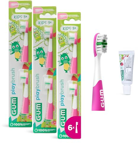 GUM Playbrush KIDS 3+ Bürstenköpfe | Kompatibel mit GUM Playbrush elektrischer Zahnbürste | Extra weich | Extra kleiner Bürstenkopf | 3x2 Bürstenköpfe | 1x GUM KIDS Zahnpasta-Probe | Pink