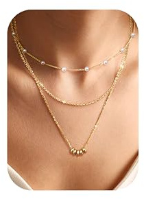 Chriscoco 3 st guldlager halsband 14k guldpläterade kedjor för kvinnor guld chokerhalsband CZ skiva hjärta kors pärlpärlor hänge halsband guldsmycken för kvinnor – med smyckeskrin, Mässing, Ingen