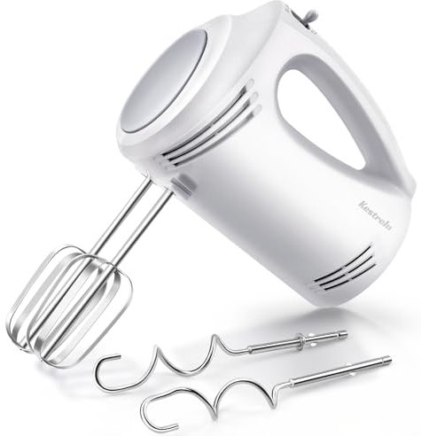 Kestreln Batteur électrique 350 Watts, 5 vitesses, fouets et crochets en acier inoxydable, poignée ergonomique, long câble, sans BPA – Blanc KS1