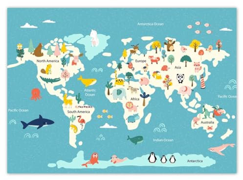 Tapet icke-vävd 254 x 184 cm världskarta med djur nr. H10526M_TV5BH