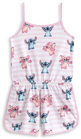 Disney Tutina senza maniche a righe rosa per bambine di Lilo & Stitch | Grazioso completo estivo con i cartoni animati Stitch & Angel | Elastico in vita, tasche