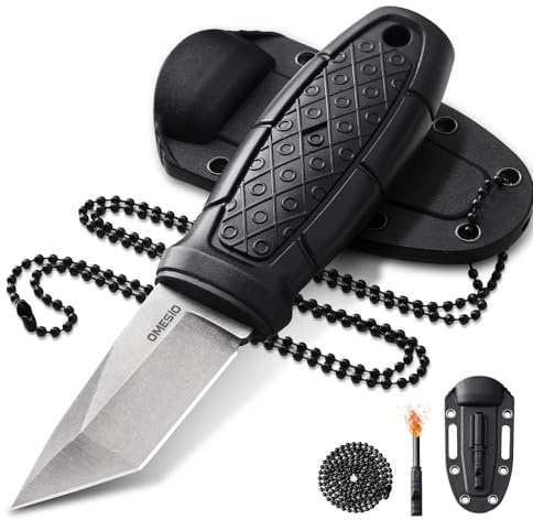 Omesio Couteau Tanto, couteau de plein air à porter autour du cou, lame de 6 cm EDC, acier 5Cr14MoV, manche en PP, avec étui en ABS, chaîne à billes, allume-feu, adapté à la randonnée et au camping.