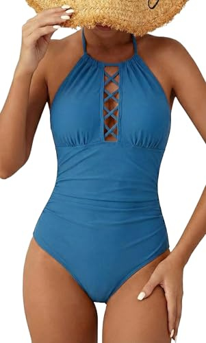 Firpearl Women's Halter One Piece Swimsuits High Neck Plunge Cutout Ruched Tummy Control Swimwear US8 Aquamarine Blue