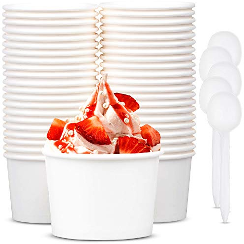 Promora 12oz Paper Ice Cream Cups Disposable 50 Count + Spoons, Bowls for Hot Soup/Dessert with Spoons, Perfect for Hot & Cold Food, Disposable Soup Bowls, Ice Cream Bowls, Frozen Yogurt (White 12oz)