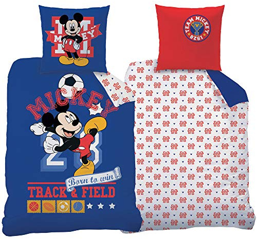 BERONAGE Mickey Mouse Bed Linen Set Football Blue Red 135 x 200 cm + 80 x 80 cm - 100% Cotton Linon/Renforcé Disney Wonderhouse Clubhouse Donald Duck Minnie Mouse Goofy German Size Zip