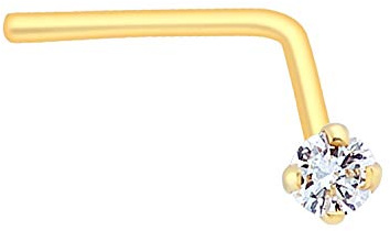 Solid 14Kt Gold Nose Ring, 22G L-Shaped Nose Stud, 14kt Yellow Gold or 14kt White Gold Nose Ring Prong Set CZ Accent-YG2mm