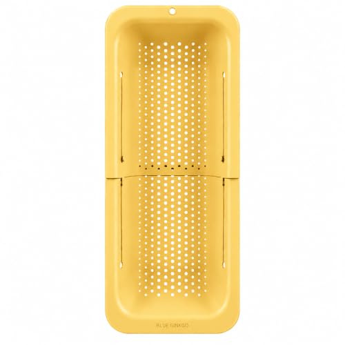 BLUE GINKGO Over the Sink Colander Strainer Basket - Wash Vegetables and Fruits, Drain Cooked Pasta - Extendable - Kitchen Essentials (7.9 W x 14.5-19.5 L x 2.75 H) - Yellow