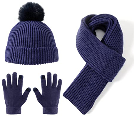 Lallier 3Pcs Kids Hat Scarf and Snow Gloves Set, Winter Knit Warm Soft Pom-Pom Beanie Outdoor for Boys Girls and Toddlers (Navy Blue)