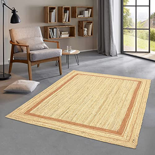 Taracarpet Jute Teppich Sisal Optik mit Bordüre Kurzflor Boho modern für Wohnzimmer Schlafzimmer nachhaltig Natur-Teppich Terracotta 080x150 cm