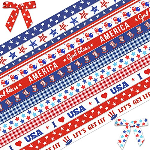 Hying 12 Rolls Patriotic Ribbon for Wrapping Gifts, Grosgrain 4th of July Ribbons for Gift Wrapping Decoration DIY, 3/8 X 12 Yards Blue Red Star Labor Day Ribbon for Patriotic Decor Party Supplie