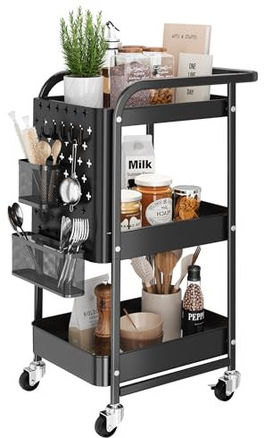 Dripex Küchenwagen, Servierwagen, Metall, 3 Ebenen, Rollwagen mit Lochplatte Rollen Haken Körbe Griffe für Küche und Büro Garagen