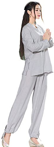 Tai-Chi-Kleidung für Damen, Kampfsport-Anzug, Kung-Fu-Uniform, Baumwolle und Leinen, chinesischer Stil, literarische Zen-Tee-Kleidung, Tang-Anzug, Oberteil, Meditationskleidung, Grau-M