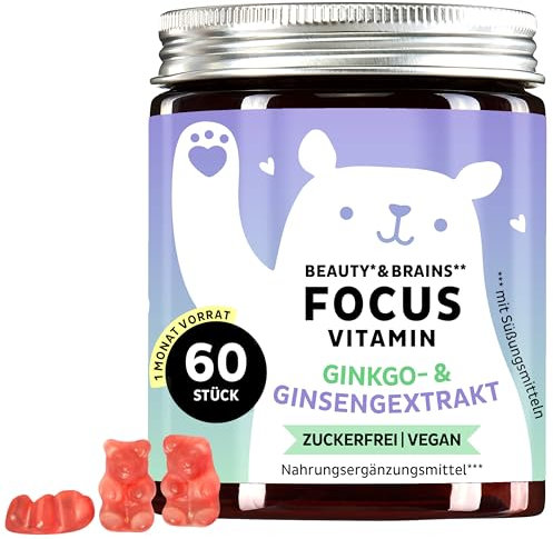 Bears with Benefits Konzentration & Fokus Gummibärchen - Natürliche Unterstützung mit Gingko Biloba & Ginseng-extrakt - Vitamin B-Komplex, Vitamin C, Zink - Vegan & Zuckerfrei - 60 Stück​