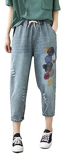 CLKPEN Pantalones vaqueros para mujer de verano con flores bordadas, pantalones casuales ligeros para mujer, pantalones vaqueros de cintura alta, cintura elástica con cordón, informales, holgados,
