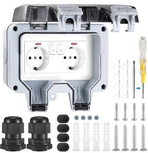 Miiepls Presa Esterna a Parete, Resistente alle Intemperie, IP66, con Interruttore, Spia di Controllo, 2 Scomparti, 16 A, Presa da Giardino con Coperchio Ribaltabile per Esterni