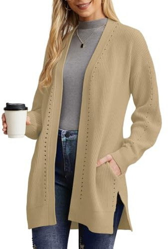 PrinStory Cardigan Lunghi Per Donne Maglioni A Maglia Cardigan Con Tasche Apertura Frontale Maglieria Oversize Morbida Calda Maglioni Fidanzato Cardigan, cachi, L