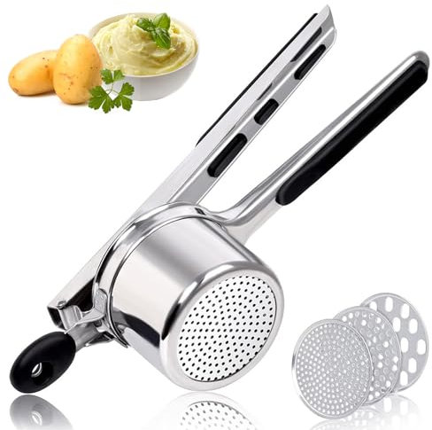 Schiacciapatate in Acciaio Inossidabile 450ml con 3 Dischi Intercambiabili, Utensile da Cucina per Purè, Gnocchi, Spaetzle, Verdure e Salse, Pressa per Patate e Alimenti per Neonati