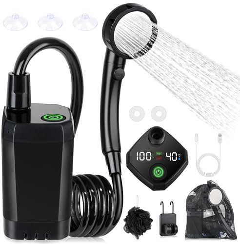 Spopal Portable Shower for Camping, [Long-Lasting] 6000mAh Rechargeable Camping Shower Pump with Intelligent LED Display, 4 Spray Modes, IPX7 Waterproof Outdoor Shower Kit for Hiking, Travel, Car, Pet