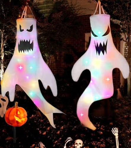 Maniche a vento fantasma di Halloween con lucine colorate a LED, decorazione di Halloween all'aperto, Halloween decorazione da appendere manica vento fantasma, decorazione fantasmi Halloween, 2 pezzi