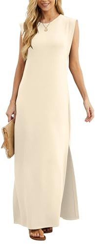 GRECERELLE Womens Summer Maxi Dress Elegant Styles Basic Sleeveless Maxi Dresses with Split and Pockets (Apricot White, S)