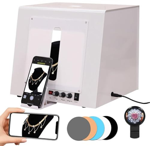 moupeaktain Caja De Luz De Metal para Fotografía, Caja De Estudio Fotográfico Profesional Eléctrica, con Plato Giratorio De 360°, 4 Luces LED, 3000-5500k Regulables, para Artículos Pequeños,Tb20