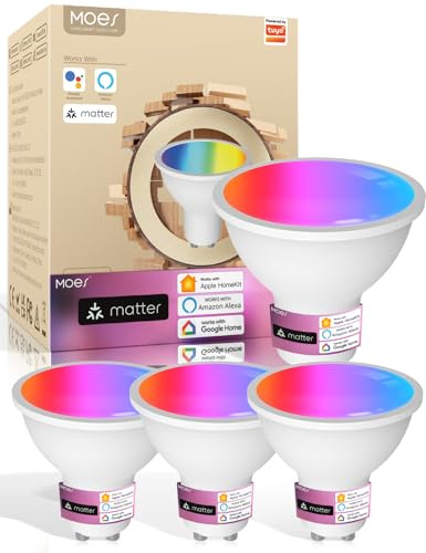 MOES Matter Alexa Smart Glühbirne GU10, WLAN RGB LED Lampe, Dimmbar, 2700K-6500K Warmweiss & Kaltweiß, Musiksynchronisation, 16 Mio. Farben, Kompatibel mit Apple Home&Alexa & Google Home 4Pack