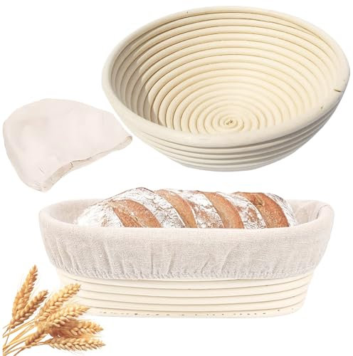 Juego de cesta de fermentación de 2 piezas de ratán natural (diámetro redondo 24 cm y ovalado 34 x 14 cm), cesta de pan hecha a mano para masa madre y masa de levadura, incluye inserto de lino para