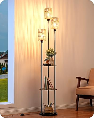 EDISHINE Lampada da Terra Boho Vintage con Mensola e Ripiano Portaoggetti, Piantana 3 Luci E27 con Paralume in Rattan, Lampadine Incluse, Interruttore a Pedale, Lampada Salotto Moderna 178 cm