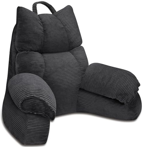RRPAHWTV Reading Pillow for Bed with High Arm Rests ,Back Support Pillow for Sitting Up in Bed with Shredded Memory Foam for Reading, TV, Gaming or Relaxing on Floor（Grey Black, Large）