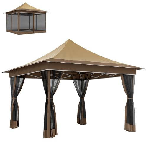 Outsunny Tonnelle de Jardin 3,5 x 3,5 m, Tente Pliante avec 4 moustiquaires, Barnum Pop-up Hauteur réglable, Sac de Transport, pour Camping, Festival, Plage, Jardin, Beige