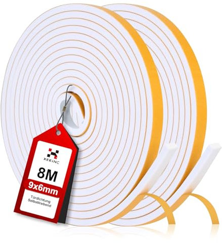 XEEINC 8M Guarnizione Porta Finestra, 9mm(L) X 6mm(P) Guarnizione Adesiva in Schiuma per Porta Blindata, Resistente alle intemperie, Isolamento Acustico, Anti-Collisione - Bianco